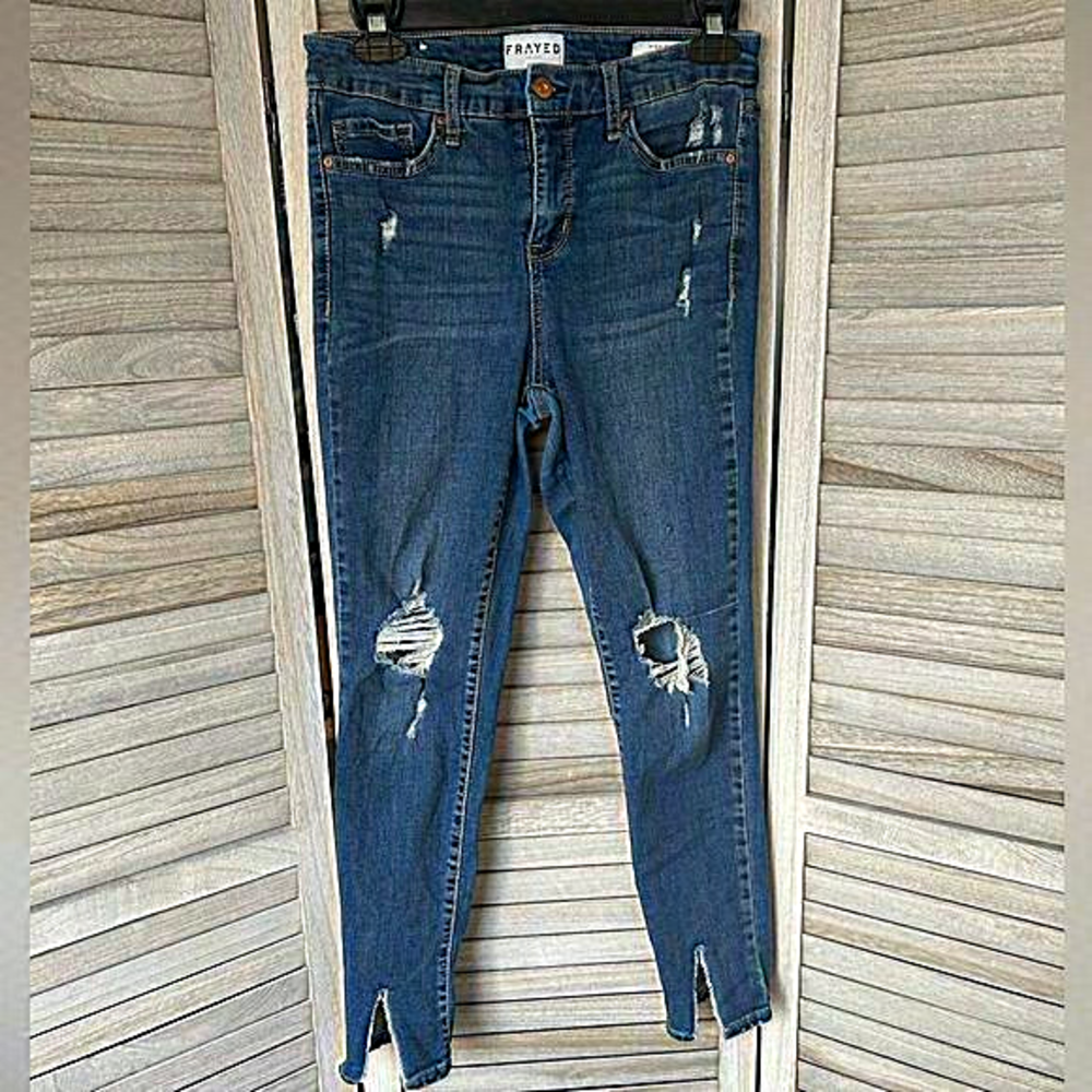 Frayed Jeans High Rise Skinny Ankle Medium‎ Wash Women’s Jeans Split End Size 26